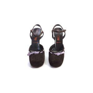 Miu Miu Shoes Y2K Brown Suede Platform Ribbon Bow Heeled Sandals Size 6